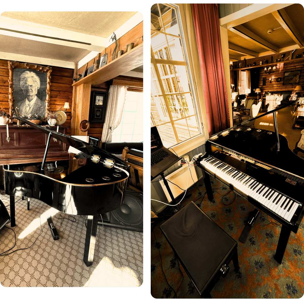To elegante svarte flygler i eksklusive og stemningsfulle selskapslokaler med varm belysning, store vinduer og klassisk interiør. Atmosfæren passer til taffelmusikk, mottakelser, hoteller, bryllup og arrangementer i Oslo.